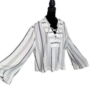BOHO Flare Bell Sleeve Lace Up Tie Front Top Womens L Striped Popover Cropped